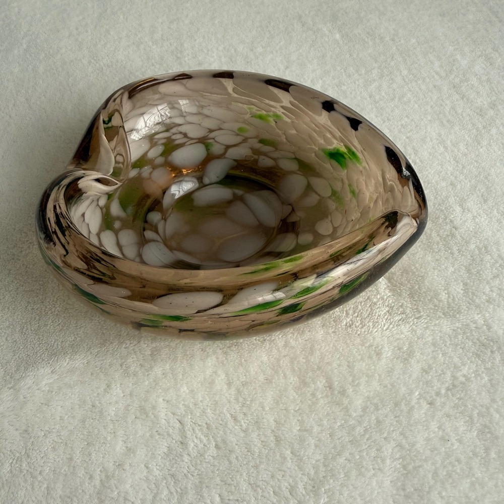 Vintage Murano Style‎ Art Glass Ashtray Amber White Confetti Green Inclusion MCM